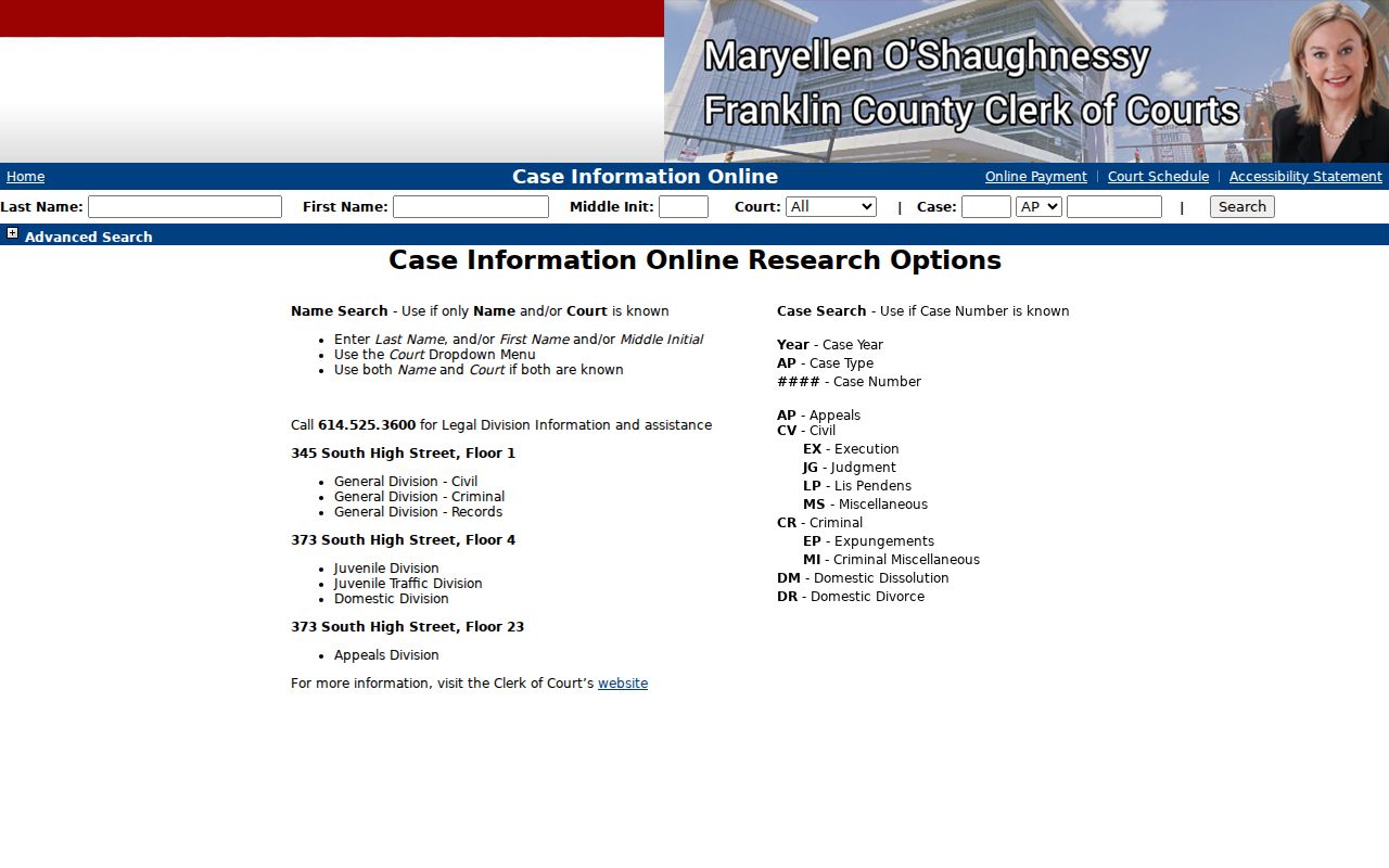 Franklin County docket search CIO case search fields