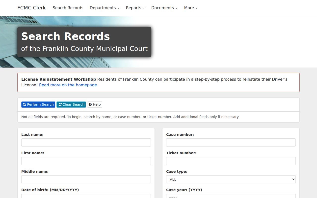 Franklin County docket search Municipal CASE Network fields