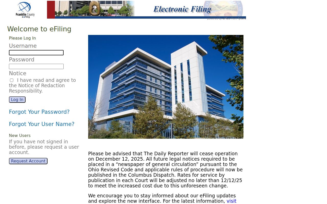 Franklin County civil docket Clerk e-filing access