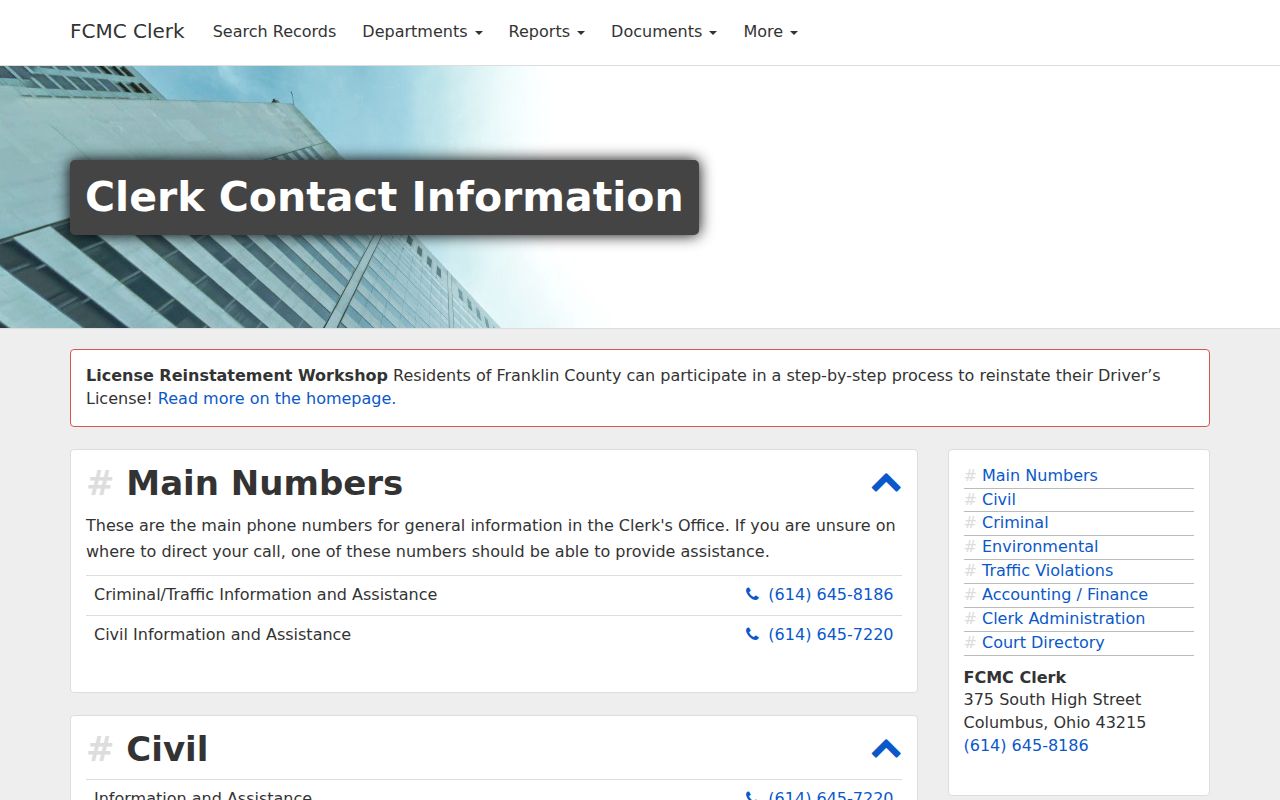 Franklin County Columbus court records Municipal Clerk contact information