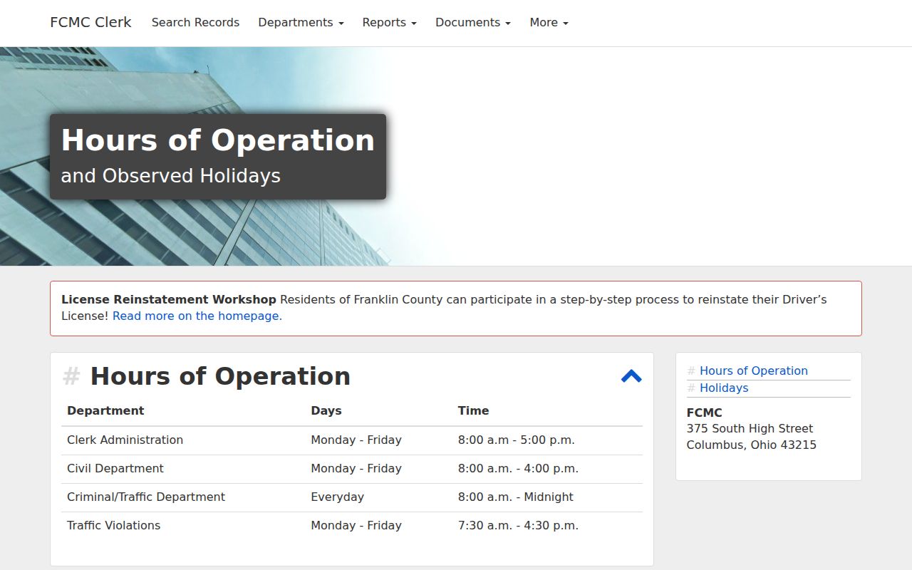 Franklin County Columbus court records Municipal Clerk office hours