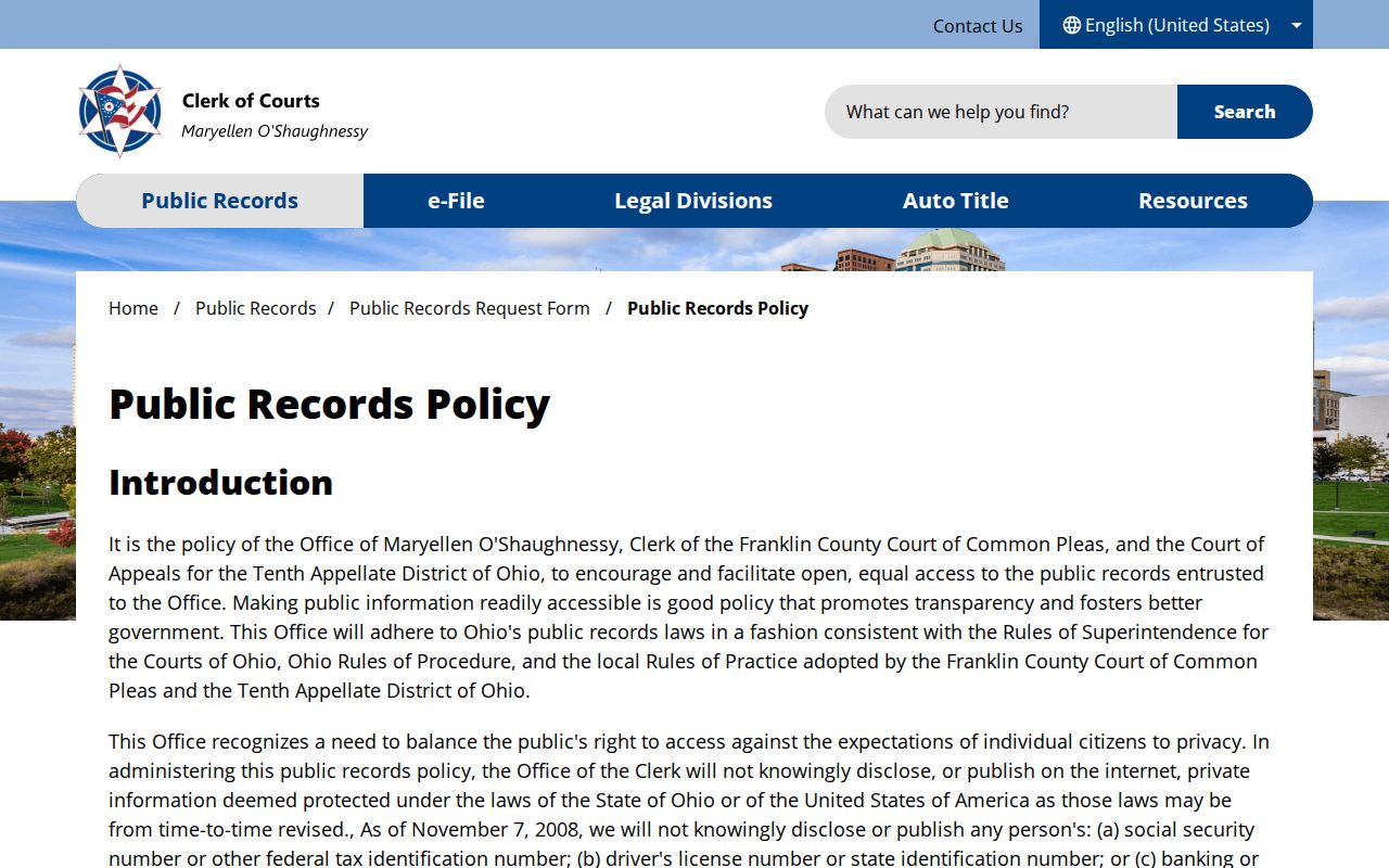 Franklin County court records Clerk inspection and copy policy