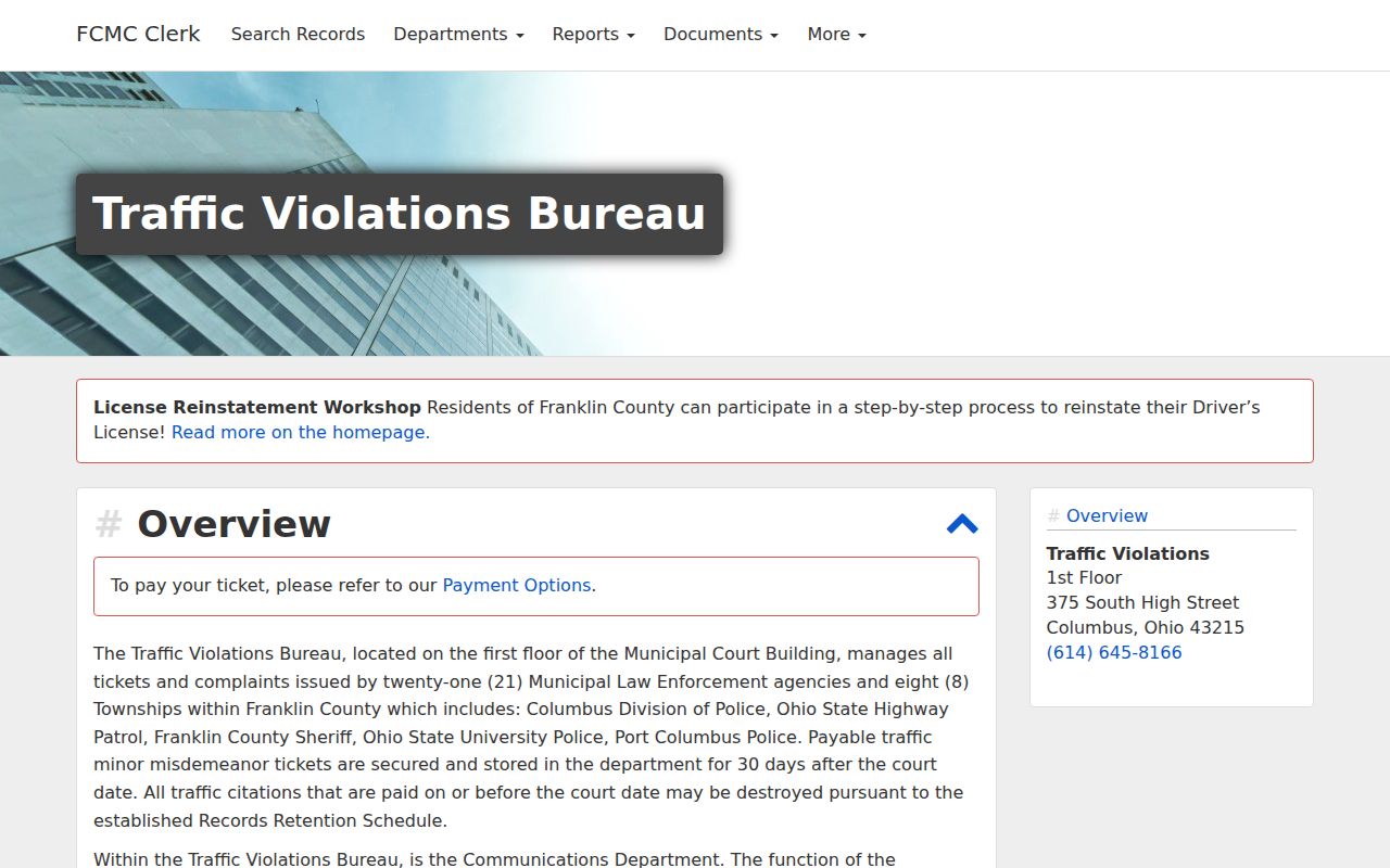 Franklin County traffic court records Traffic Violations Bureau information